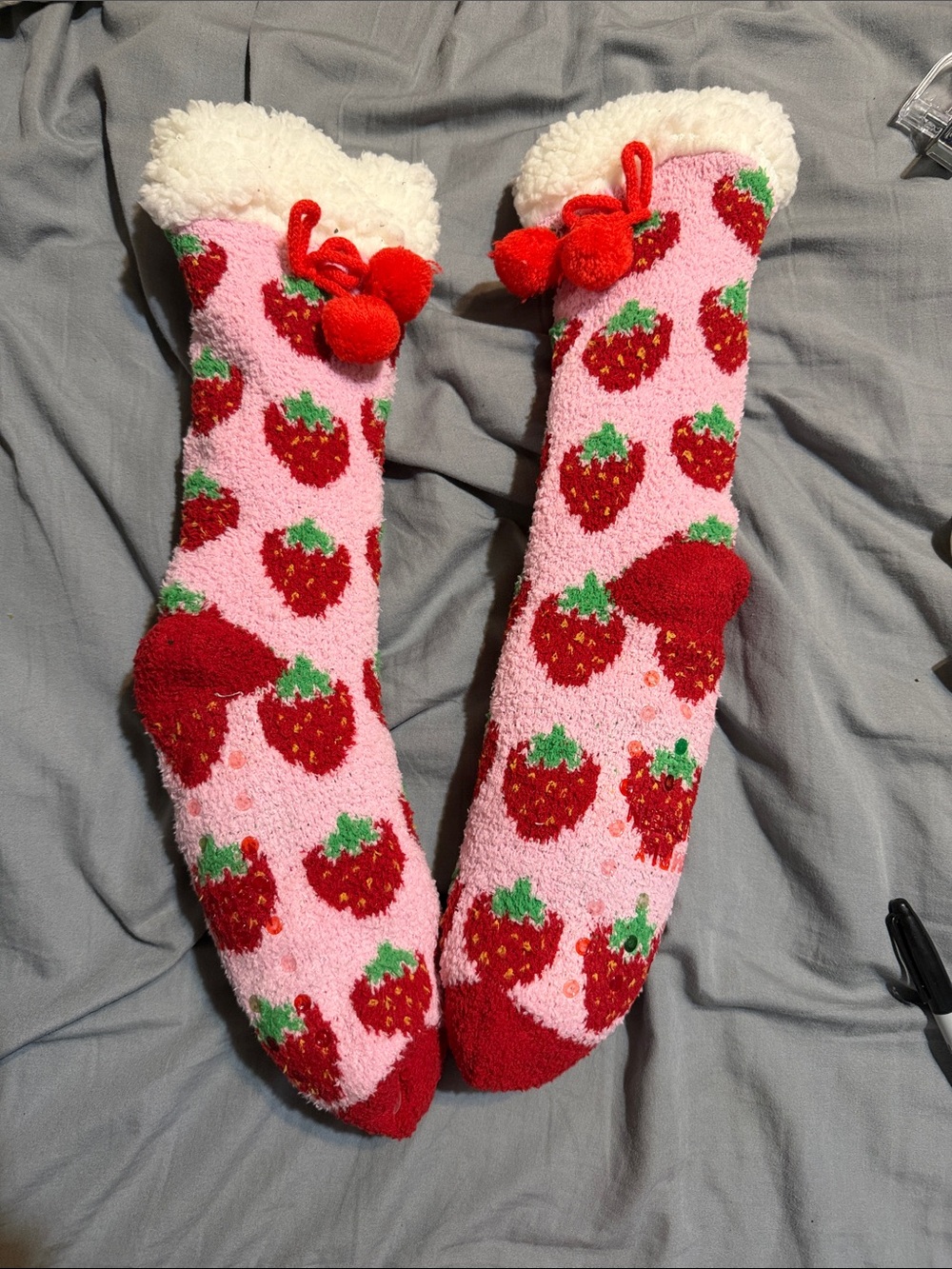 Simply Southern Pink Strawberry Fuzzy Socks with Red Pom-Poms